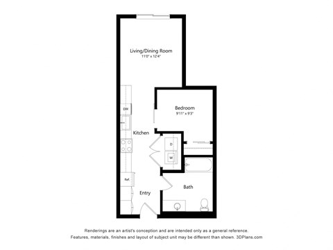 Floor plan for 1 bed, 1 bath, 536 sqft
